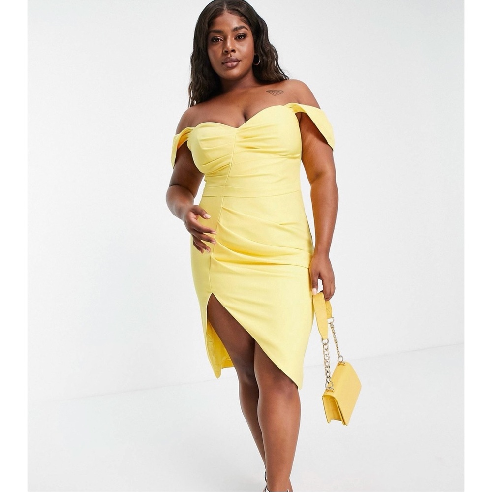 ASOS curve Lavish Alice Dress off shoulder yellow size us 16